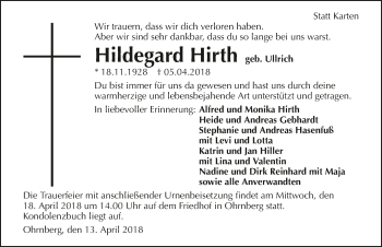 Traueranzeige von Hildegard Hirth 