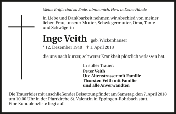 Traueranzeige von Inge Veith 