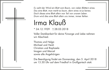 Traueranzeige von Irma Klauß 