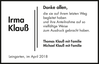 Traueranzeige von Irma Klauß 