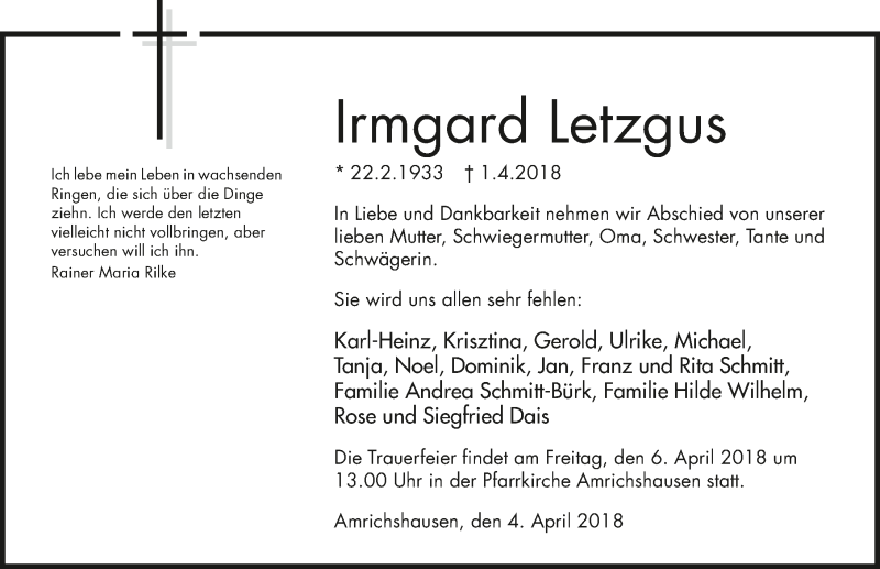  Traueranzeige für Irmgard Letzgus vom 04.04.2018 aus 