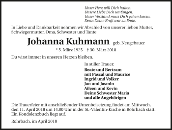 Traueranzeige von Johanna Kuhmann 