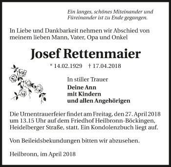 Traueranzeige von Josef Rettenmaier 