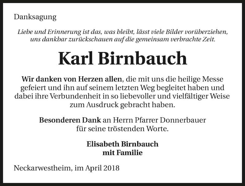  Traueranzeige für Karl Birnbauch vom 11.04.2018 aus 