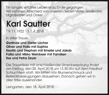 Traueranzeige von Karl Sautter 