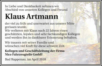 Traueranzeige von Klaus Artmann 