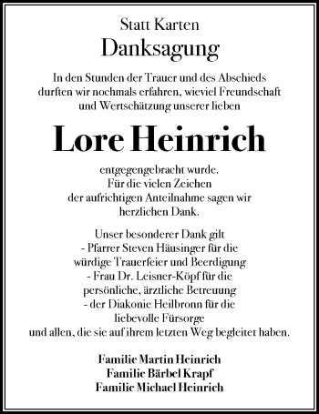 Traueranzeige von Lore Heinrich 