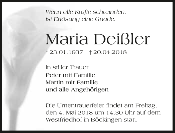 Traueranzeige von Maria Deißler 