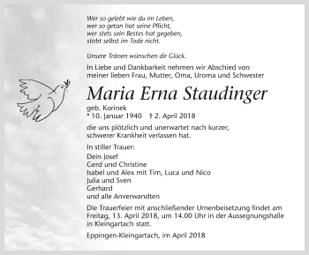 Traueranzeige von Maria Erna Staudinger 