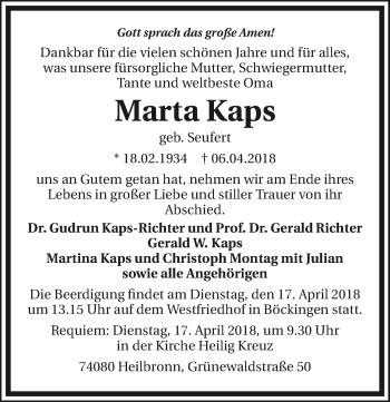 Traueranzeige von Marta Kaps 