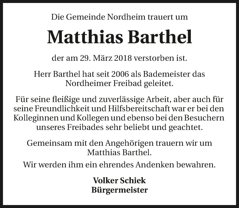  Traueranzeige für Matthias Barthel vom 06.04.2018 aus 