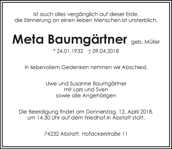 Traueranzeige von Meta Baumgärtner 