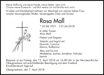 Traueranzeige von Rosa Mall 