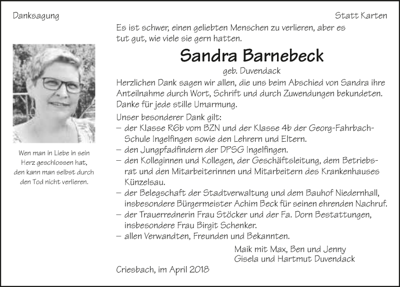  Traueranzeige für Sandra Barnebeck vom 14.04.2018 aus 