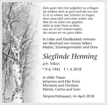 Traueranzeige von Sieglinde Henning 