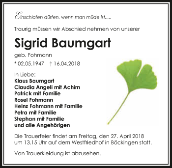 Traueranzeige von Sigrid Baumgart 