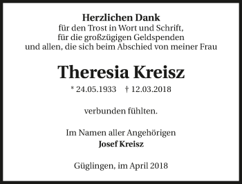 Traueranzeige von Theresia Kreisz 