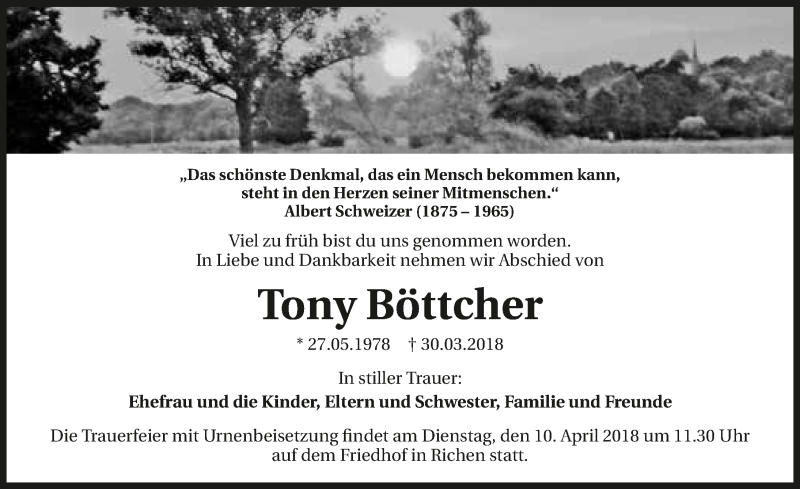  Traueranzeige für Tony Böttcher vom 07.04.2018 aus 