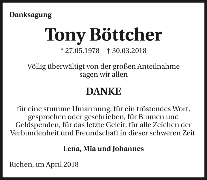  Traueranzeige für Tony Böttcher vom 28.04.2018 aus 