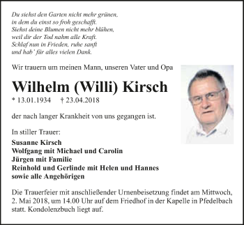 Traueranzeige von Wilhelm Kirsch 