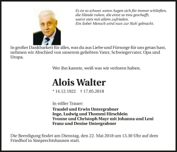 Traueranzeige von Alois Walter 