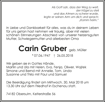 Traueranzeige von Carin Gruber 