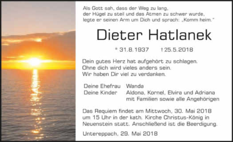  Traueranzeige für Dieter Hatlanek vom 29.05.2018 aus 