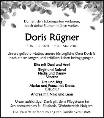 Traueranzeige von Doris Rügner 