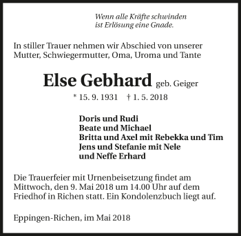 Traueranzeige von Else Gebhard 