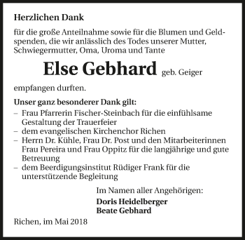 Traueranzeige von Else Gebhard 