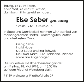 Traueranzeige von Else Seber 