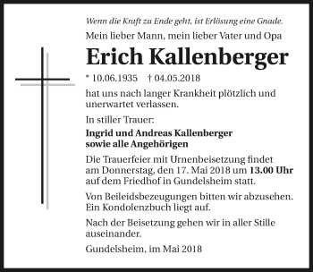 Traueranzeige von Erich Kallenberger 