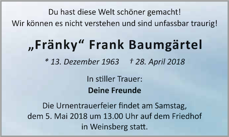  Traueranzeige für Frank Baumgärtel vom 03.05.2018 aus 