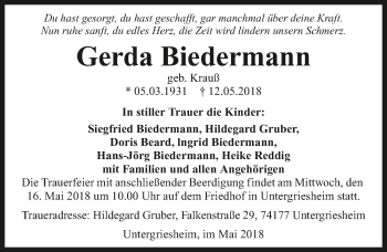 Traueranzeige von Gerda Biedermann 