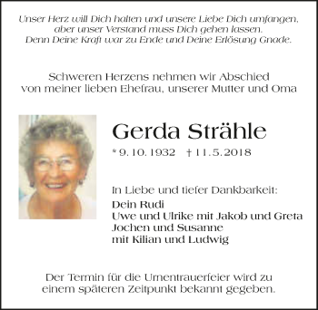 Traueranzeige von Gerda Strähle 