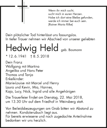 Traueranzeige von Hedwig Held 