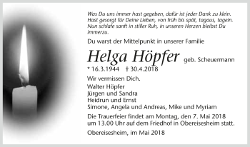 Traueranzeige von Helga Höpfer 
