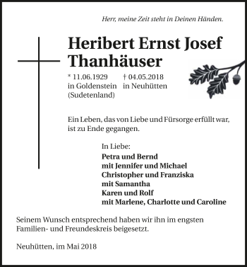 Traueranzeige von Heribert Ernst Josef Thanhäuser 