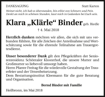 Traueranzeige von Klara Binder 