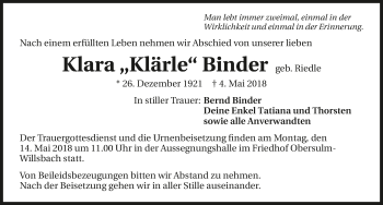 Traueranzeige von Klara Binder 