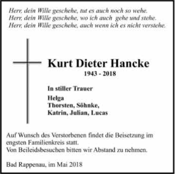 Traueranzeige von Kurt Dieter Hancke 