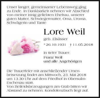 Traueranzeige von Lore Weil 