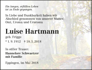 Traueranzeige von Luise Hartmann 