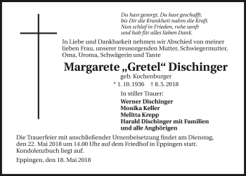 Traueranzeige von Margarete Dischinger 