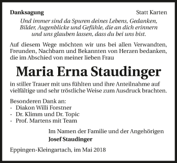 Traueranzeige von Maria Erna Staudinger 