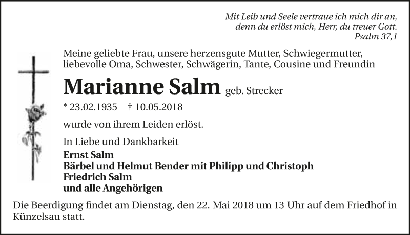  Traueranzeige für Marianne Salm vom 16.05.2018 aus 