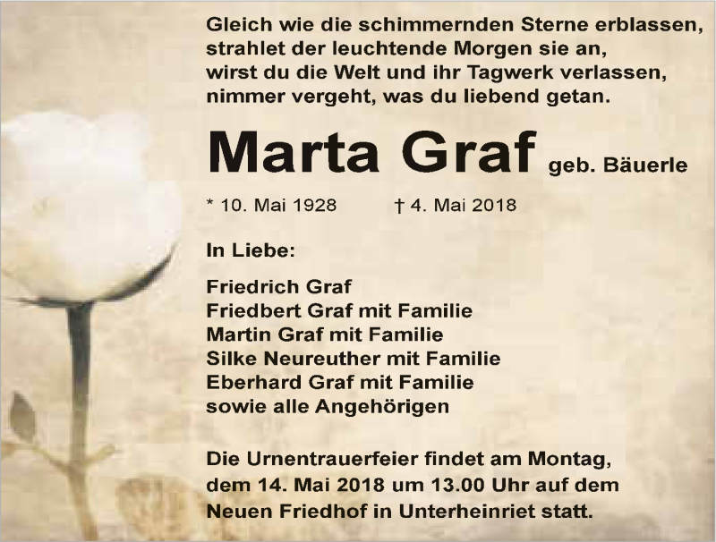  Traueranzeige für Marta Graf vom 09.05.2018 aus 