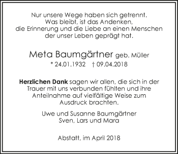 Traueranzeige von Meta Baumgärtner 