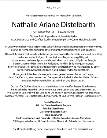 Traueranzeige von Nathalie Ariane Distelbarth 