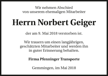 Traueranzeige von Norbert Geiger 